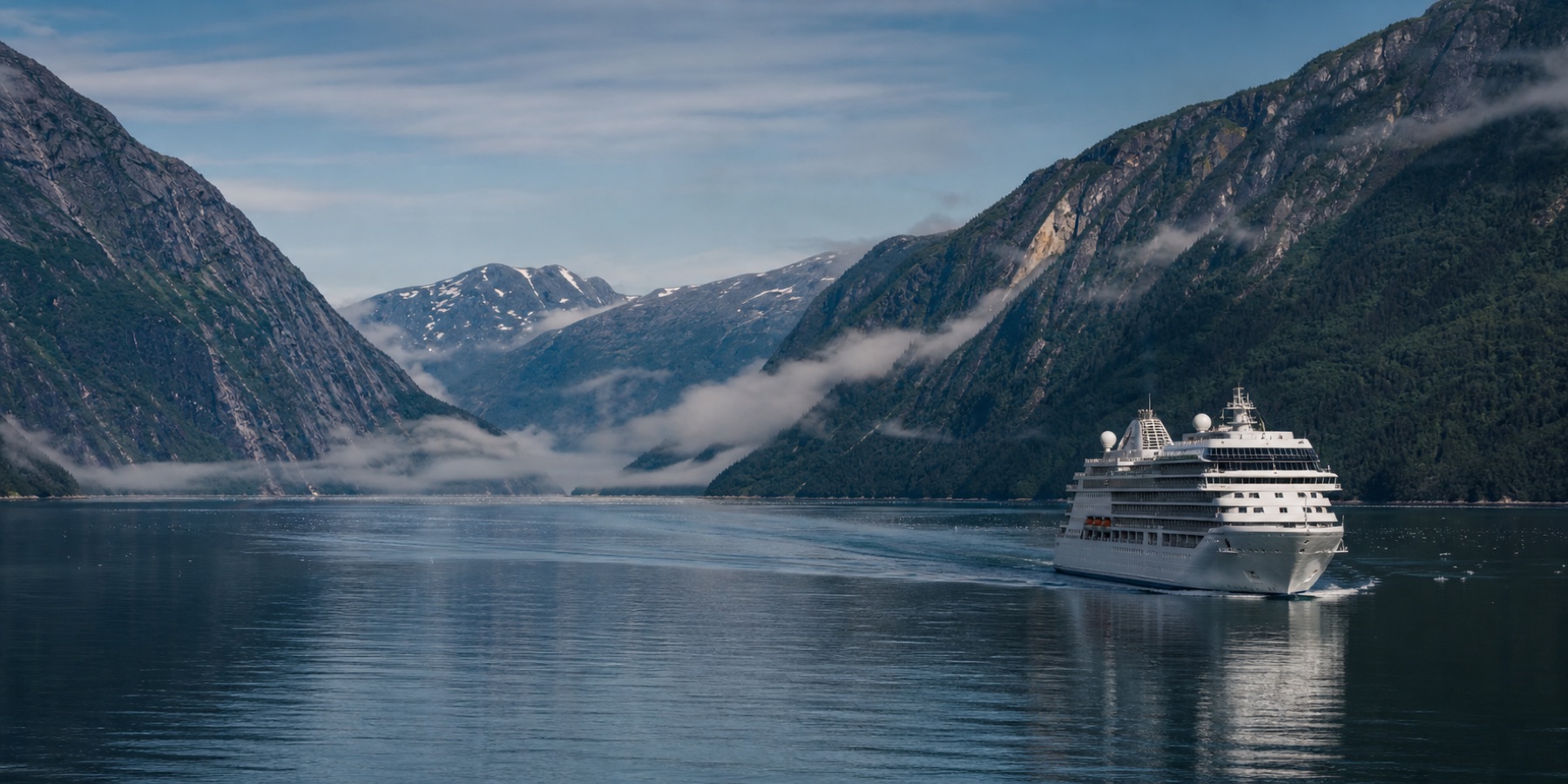 An unbranded cruise ship sailing through a misty coastal passage