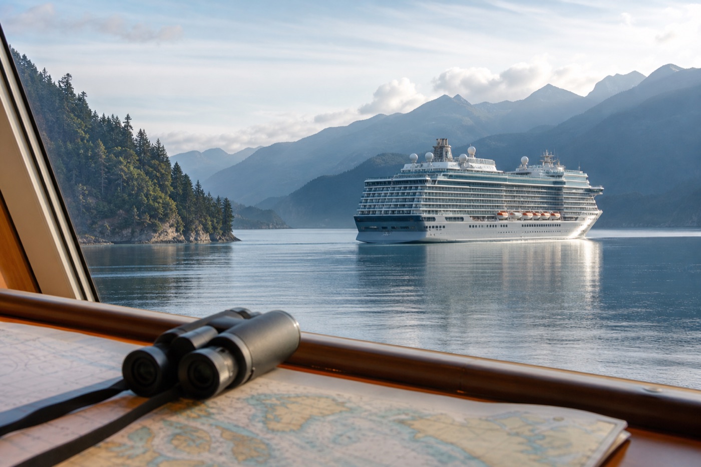 Unbranded cruise ship in a scenic coastal passage with binoculars and a chart in the foreground